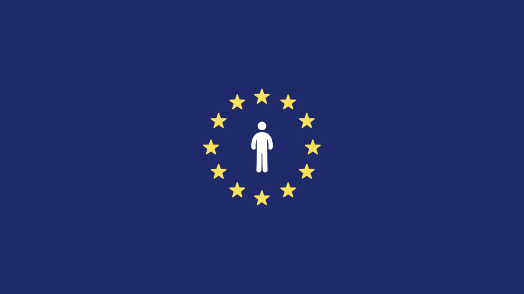 Logo con figure stilizzate e stelle dell’Unione Europea a rappresentare l’European Accessibility Act e l’accessibilità digitale in Europa