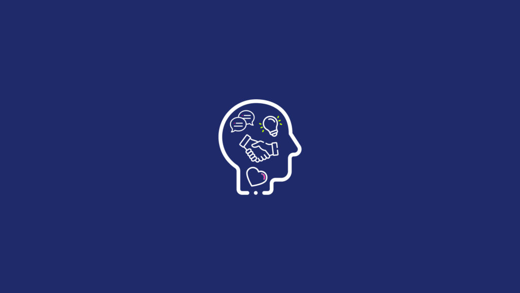 Illustrazione minimal di una testa stilizzata con icone simboliche delle digital soft skill: comunicazione, empatia, collaborazione, problem solving e adattabilità, collegate a circuiti digitali. Design pulito con colori magenta, lime e blu navy, in stile iconografico.