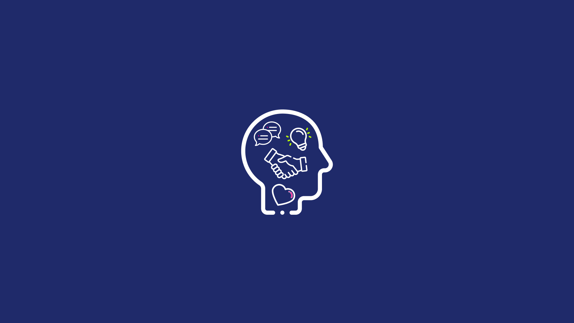 Illustrazione minimal di una testa stilizzata con icone simboliche delle digital soft skill: comunicazione, empatia, collaborazione, problem solving e adattabilità, collegate a circuiti digitali. Design pulito con colori magenta, lime e blu navy, in stile iconografico.