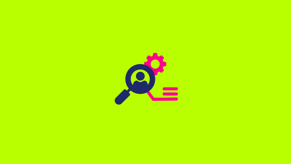 icona minimal sul tema skill-based hiring con figura sotto lente osservazione e ingranaggio