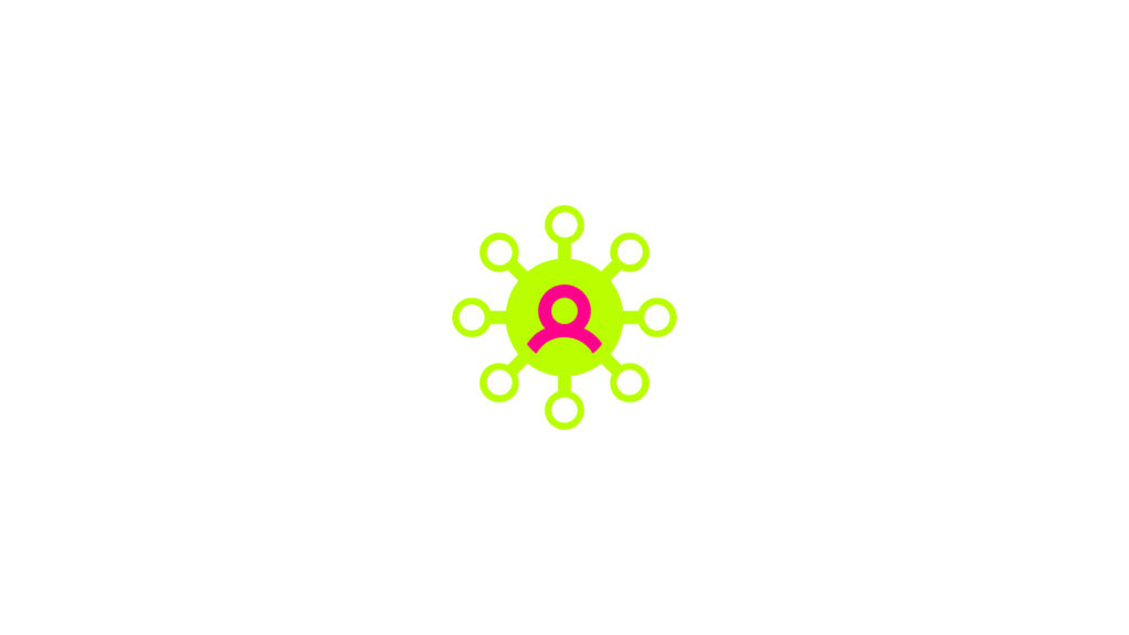 Icona stilizzata di una figura umana al centro, circondata da cerchi verde lime collegati tramite linee curve, che rappresenta una persona connessa a una rete.