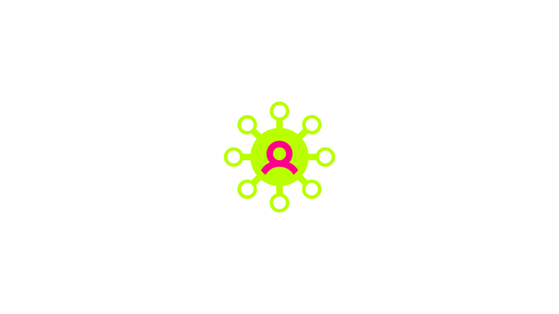 Icona stilizzata di una figura umana al centro, circondata da cerchi verde lime collegati tramite linee curve, che rappresenta una persona connessa a una rete.