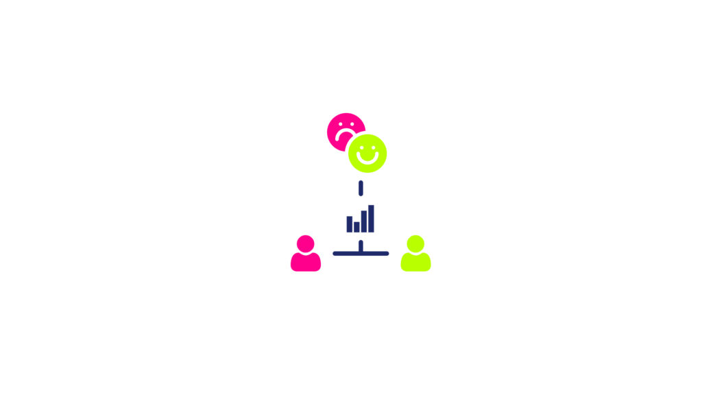 illustrazione con due persone e icone emotive positive e negative che rappresentano empatia, consapevolezza emotiva, relazioni interpersonali e competenze trasversali nel contesto lavorativo.